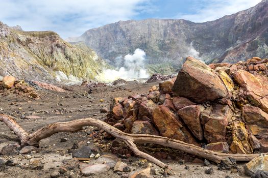 Active Volcano at White Island New Zealand. Volcanic Sulfur Crater Lake