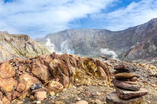 Active Volcano at White Island New Zealand. Volcanic Sulfur Crater Lake