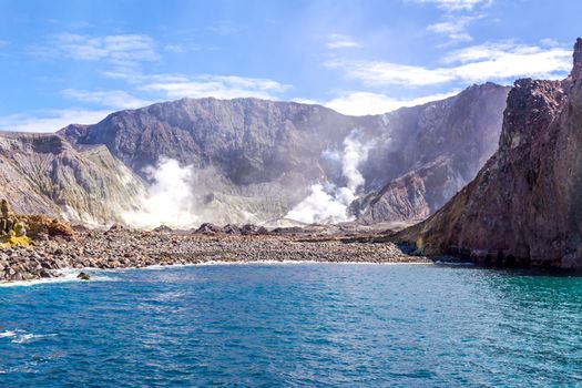 Active Volcano at White Island New Zealand. Volcanic Sulfur Crater Lake