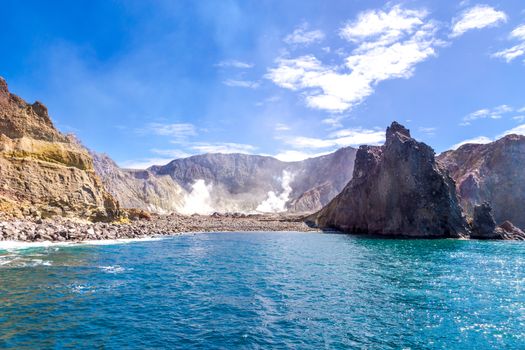 Active Volcano at White Island New Zealand. Volcanic Sulfur Crater Lake