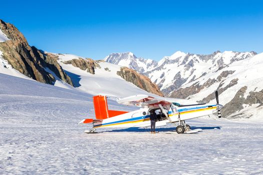 Mount Cook, New Zealand. plane ride to an area completely covered by ice and snow. Oceania.