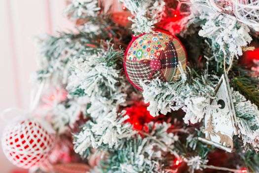 Christmas and New Year background with Eve Tree and decorations. Cozy holiday morning at home.