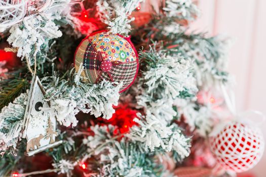Christmas and New Year background with Eve Tree and decorations. Cozy holiday morning at home.