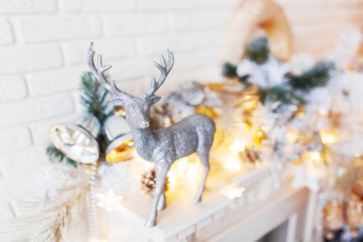 Christmas and New Year decorations with silver deer. Holiday winter background.