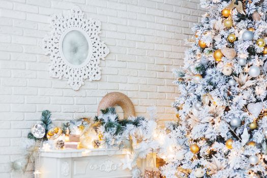 Christmas and New Year Eve Tree. Holiday winter background. Interior details - mirror-snowflake, mantelpiece with garland of light bulbs.