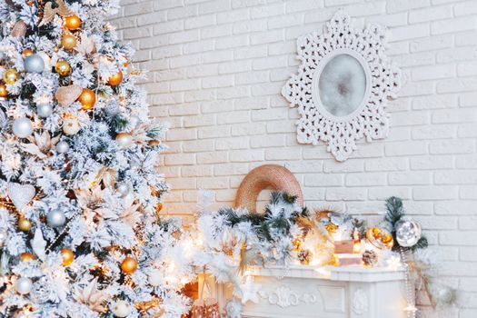Christmas and New Year Eve Tree. Holiday winter background. Interior details - mirror-snowflake, mantelpiece with garland of light bulbs.