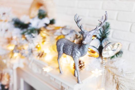 Christmas and New Year decorations with silver deer. Holiday winter background.