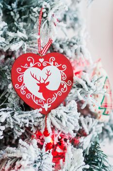 Christmas and New Year background with Eve Tree and decorations. Cozy holiday morning at home.