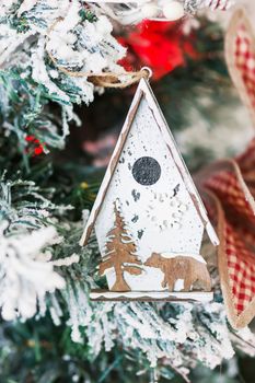 Christmas and New Year background with Eve Tree and decorations. Cozy holiday morning at home.