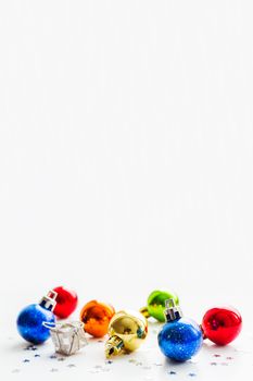 Christmas and New Year background with colorful decorative balls for Christmas tree. Place for text.