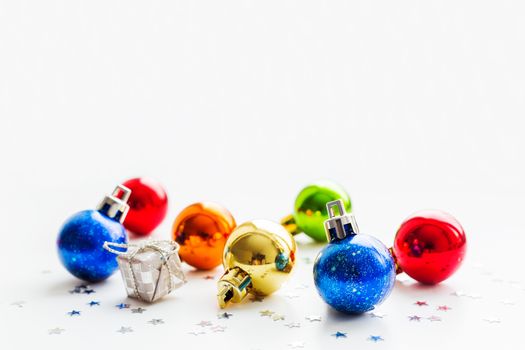 Christmas and New Year background with colorful decorative balls for Christmas tree. Place for text.