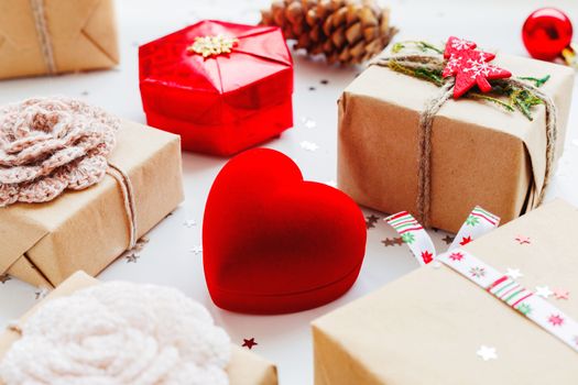 Christmas and New Year background with presents and decorations.