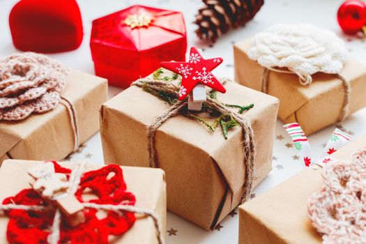 Christmas and New Year background with presents and decorations.