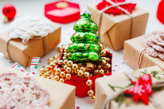 Christmas and New Year background with presents and decorations.