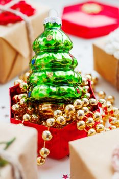 Christmas and New Year background with presents and decorations.