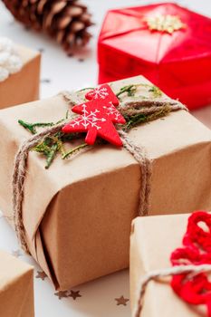Christmas and New Year background with presents and decorations.