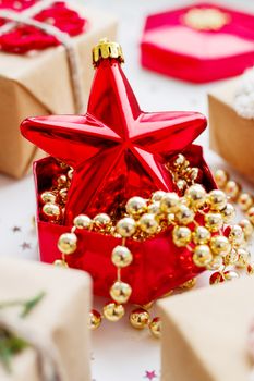 Christmas and New Year background with presents and decorations.
