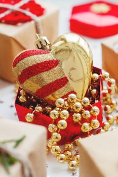 Christmas and New Year background with presents and decorations.
