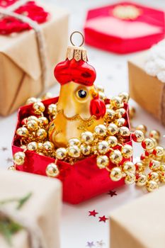 Christmas background with presents and decorations.