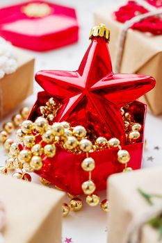 Christmas and New Year background with presents and decorations.