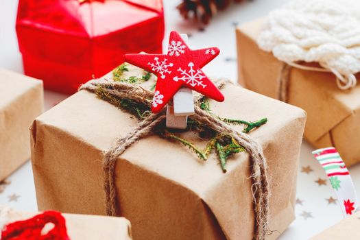 Christmas and New Year background with presents and decorations.