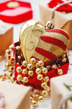 Christmas and New Year background with presents and decorations.
