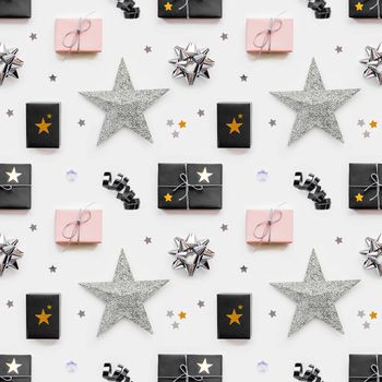 Photo seamless pattern with holiday presents. Gifts wrapped in pale pink and black paper with silver ribbons and bow. Stars confetti. Top view, flat lay.