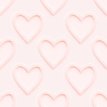 Seamless pattern with decorative coral colored hearts. Christmas or Valentine's Day decorations on pink background. Symbol of love, photo pattern.