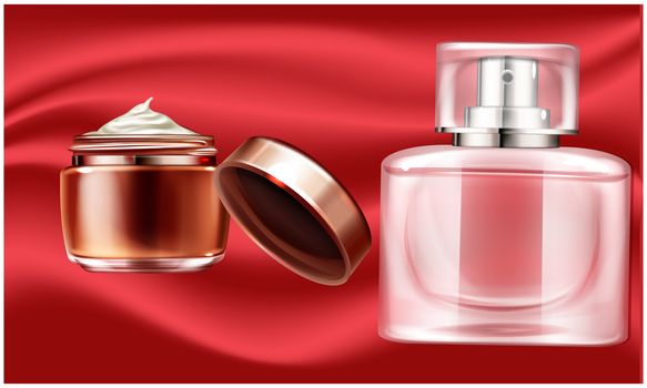 mock up illustration of female perfume and body lotion set on abstract background