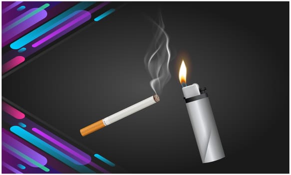 mock up illustration of burning cigarette and lighter on abstract background