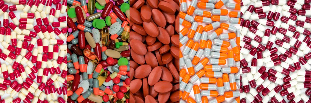 Vitamins and supplements. Colorful of pills. Many of capsules and tablets pills. Pharmaceutical industry products. Drug interactions concept. Pharmacology and toxicology. Pharmaceutics concept. 