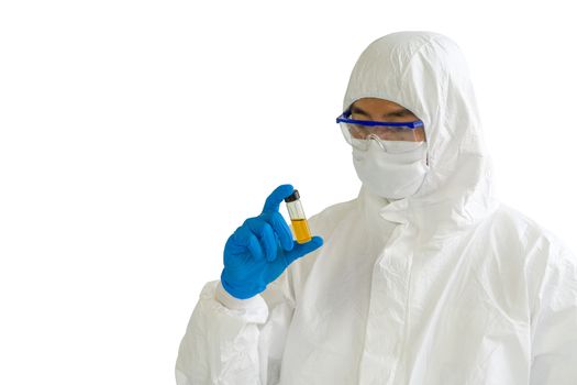 Epidemiological researchers in virus protective clothing are casually looking at yellow chemical in glass bottle. Coronavirus disease 2019 testing process in a laboratory. (clipping path include)