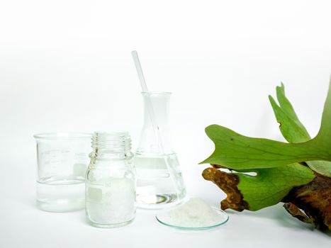 Cosmetic chemicals ingredient on white laboratory table. Potassium chloride, Cetyl esters wax, alcohol. 