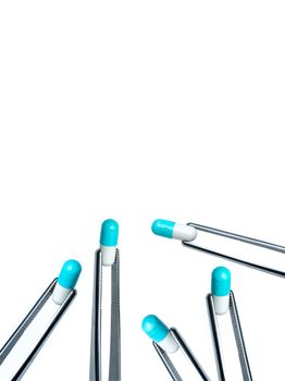 5 forceps pick white-blue capsule isolated on white background. Drugs choose. Drug selection in laboratory for test. Antibiotic drug resistance concept. QA and QC in pharmaceutical factory concept. 