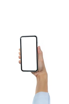 Woman's hand holding smartphone. Closeup doctor hand holding smartphone with blank screen display isolated on white background. Mobile phone with blank screen. Online marketing. Telemedicine concept.