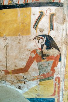 Ancient Egyptian wall painting of the falcon headed god Horus.  Inner wall of the Tomb of Amenemonet, priest of Ptah-Sokar from the Ramesside Period, Thebes, Luxor, Egypt.  Thousands of years old.