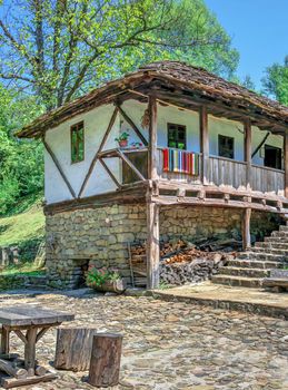 Gabrovo, Etar, Bulgaria - 07.27.2019. Old traditional house in the Etar Architectural Ethnographic Complex in Bulgaria on a sunny summer day. Big size panoramic photo.