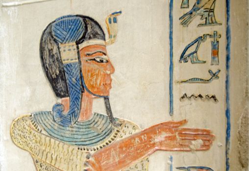 Prince Amunherkhopshef, son of Pharaoh Ramses III painted onto the wall of his tomb at the Valley of the Queens on the West Bank of the Nile at Luxor, Egypt.  Ancient Egyptian mural, thousands of years old.