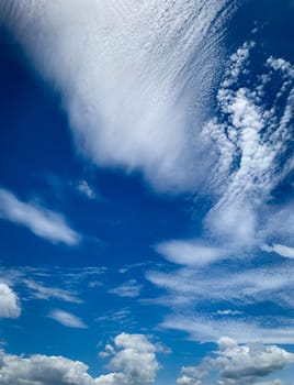 Beautiful blue sky and white clouds abstract background. Cloudscape background. Blue sky and fluffy white clouds on sunny day. Bright day sky. Nature landscape. Peaceful and tranquil background.  