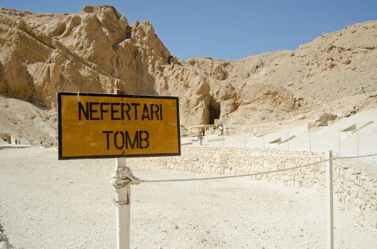 Entrance sign to the magnificent Tomb of Queen Nefertari, reopened to visitors in an attempt to attract more tourists to Egypt.  Valley of the Queens, Luxor, Egypt..