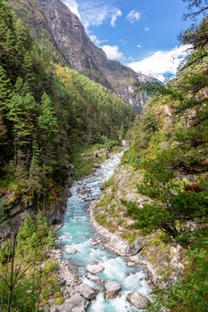 suspention bridge on the Everest Base Camp Trek, Himalaya mountains, Sagarmatha National Park, Nepal. Amazing river.