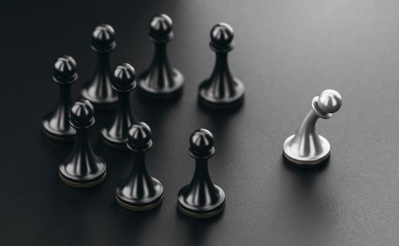 3D illustration of pawns over black background. Concept of ostracism and person socially rejected from a group.