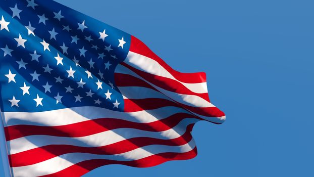 3D rendering of the national flag of United States of America waving in the wind against a blue sky
