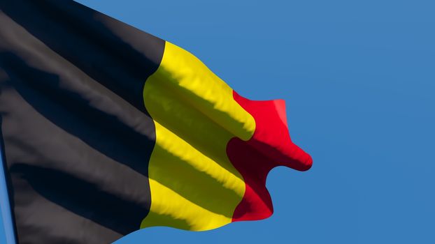 3D rendering of the national flag of Belgium waving in the wind against a blue sky