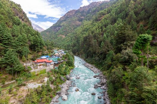 suspention bridge on the Everest Base Camp Trek, Himalaya mountains, Sagarmatha National Park, Nepal. Amazing river.