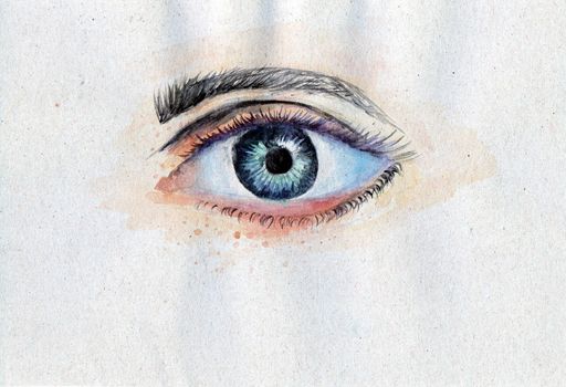 human eye painted with watercolors on the paper closeup