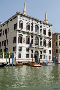 The historic Palazzo Papadopoli, now the Aman Hotel, overlooking the Grand Canal in Venice, Italy.