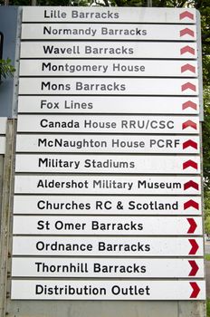 Signposts to various places in the military town of Aldershot, Hampshire.  The historic garrison town is home to many elements of the British Army. 