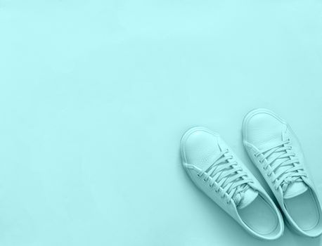 Blue leather sneakers on blue background. Pair of blue sport shoes or sneakers with copy space for text or design. Overhead shot of new blue sneakers, monochrome. Top view or flat lay