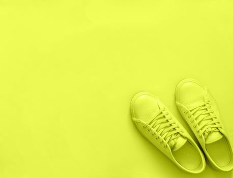 Green leather sneakers on green background. Pair of fashion trendy green sport shoes or sneakers with copy space for text or design. Overhead shot of new green sneakers,monochrome.Top view or flat lay